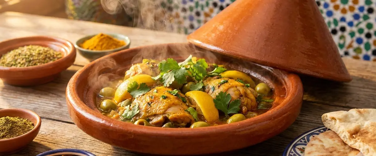 Traditional Moroccan Chicken Tagine in earthenware pot