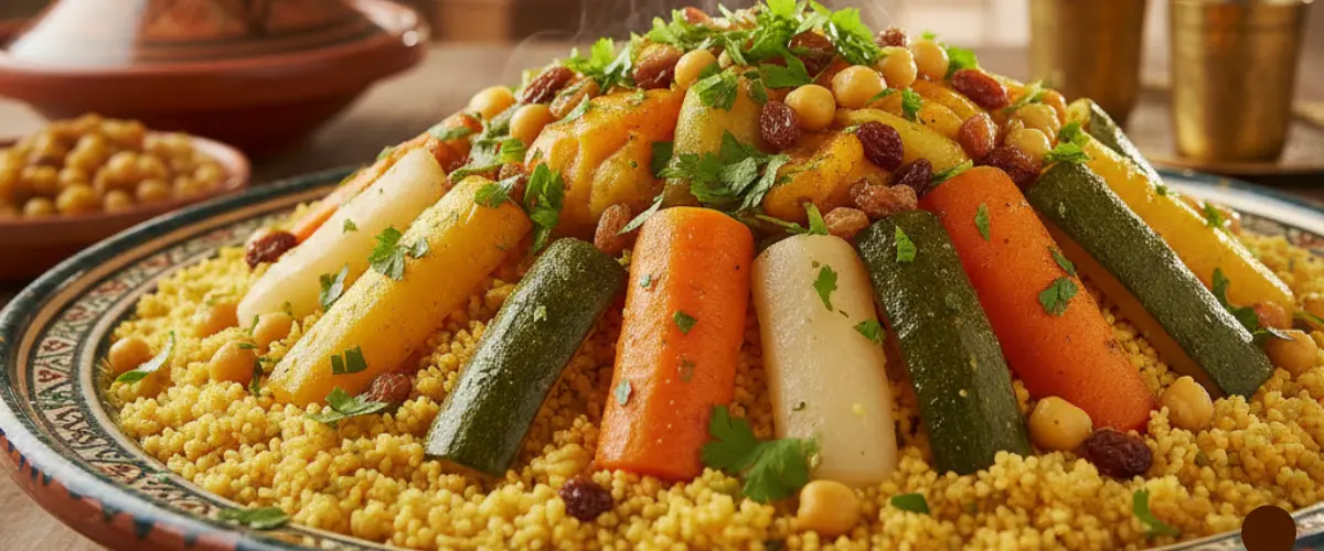 Traditional Moroccan couscous with colorful vegetables served on large platter