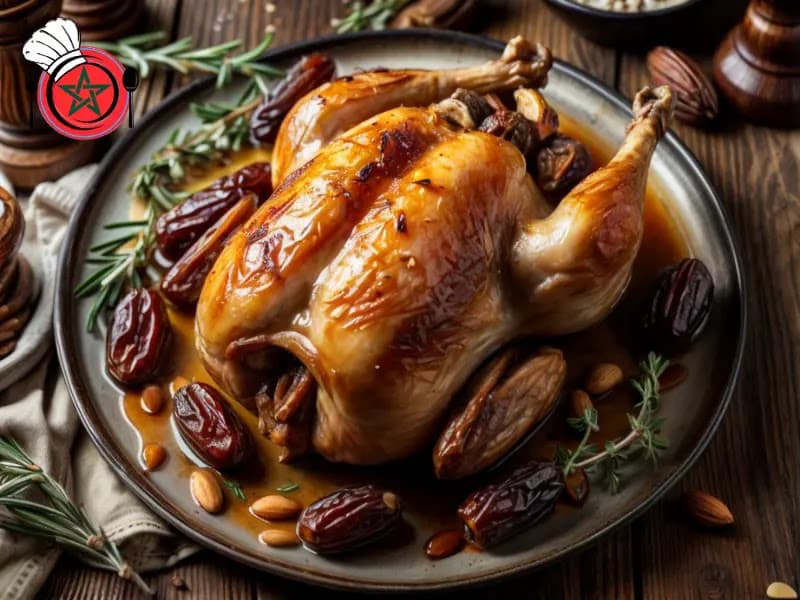 Roasted chicken stuffed with almonds and dates