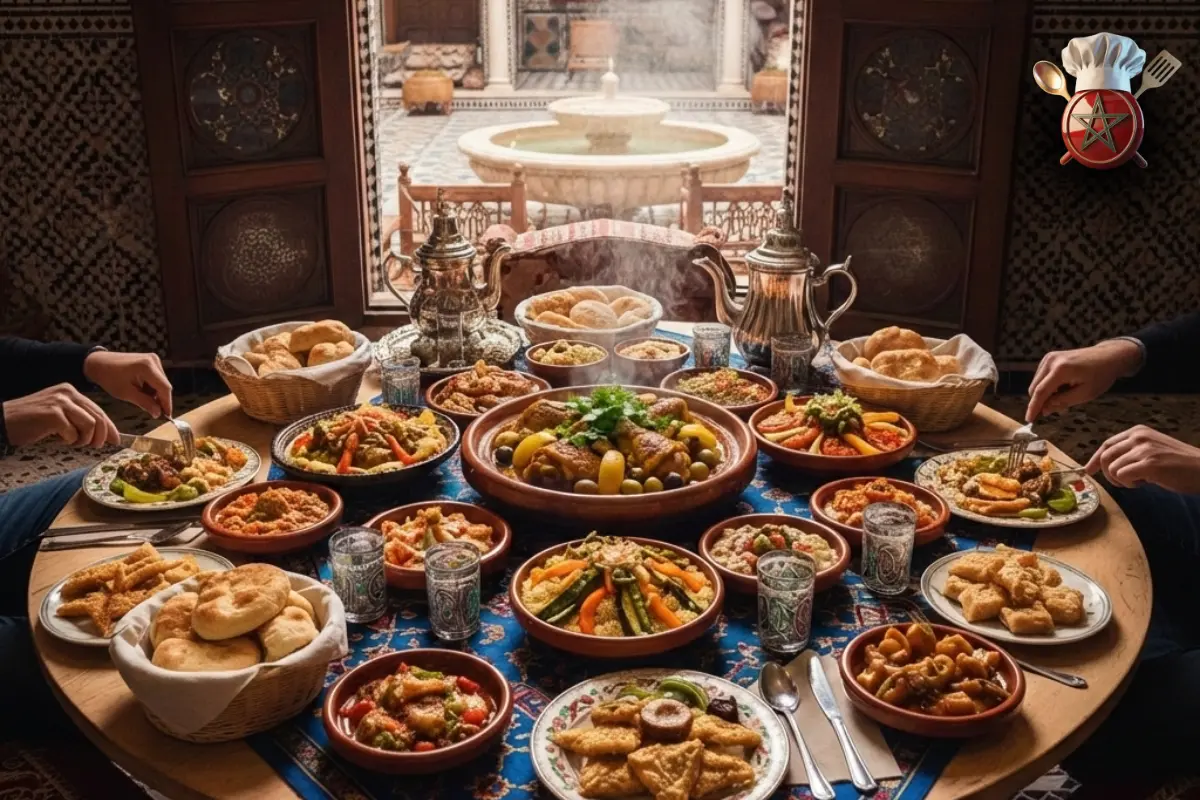 Traditional Moroccan feast with multiple dishes on colorful table