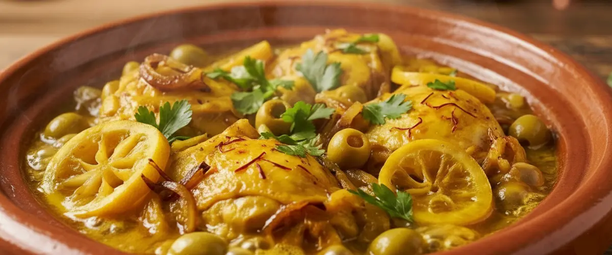 Chicken tagine cooking process showing spices, preserved lemons, and olives